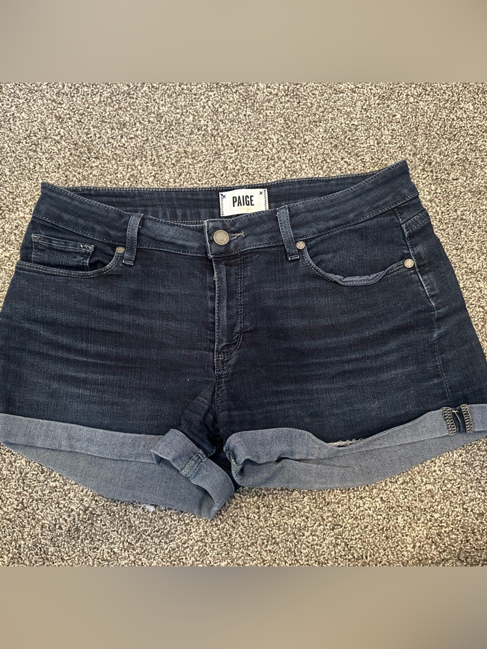 PAIGE Dark Indigo Rolled Hem Denim Shorts